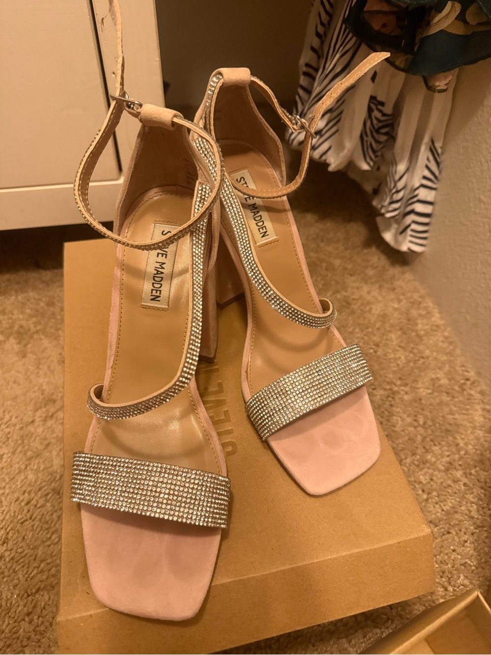 Steve Madden Blush Pink/Nude Crystal Strap Block Heel Sandals